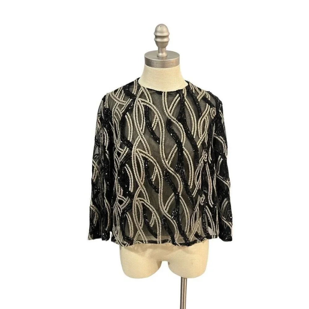 C&M Collection 48 Medium Black Gold Sequin Jacket Formal Holiday - Picture 2 of 8